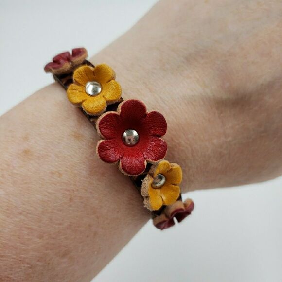 Handmade Jewelry - Handmade Floral Leather Cuff Bracelet Adjustable Rustic Boho Prairie Cottagecore